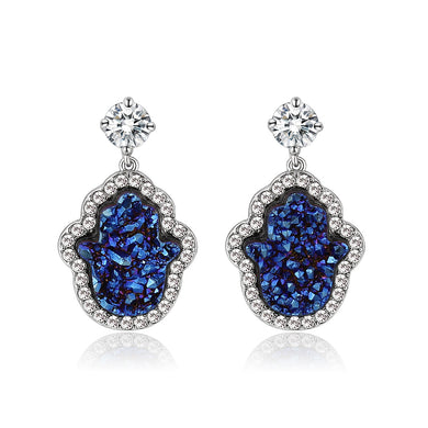 3W1723E -  Imitation Rhodium+E-coating Brass Earring with Druzy in Capri Blue