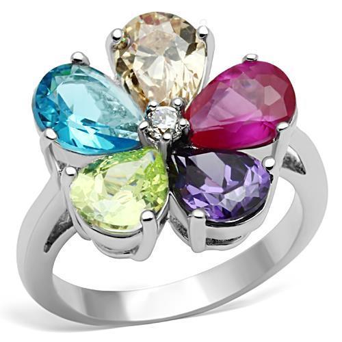 Jessyca Cocktail Ring - Rhodium Brass, AAA CZ , Multi Color - 3W045