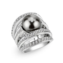 Load image into Gallery viewer, LO5W104- Rhodium Plated Brass Ring with Pearl In Black