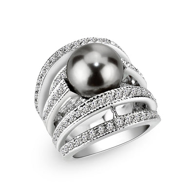 LO5W104- Rhodium Plated Brass Ring with Pearl In Black