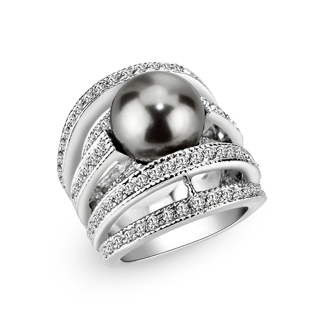 LO5W104- Rhodium Plated Brass Ring with Pearl In Black