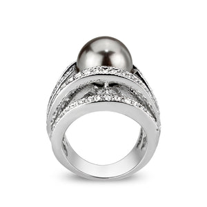LO5W104- Rhodium Plated Brass Ring with Pearl In Black