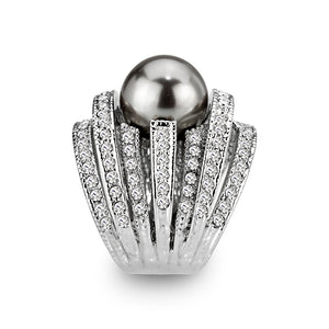 LO5W104- Rhodium Plated Brass Ring with Pearl In Black