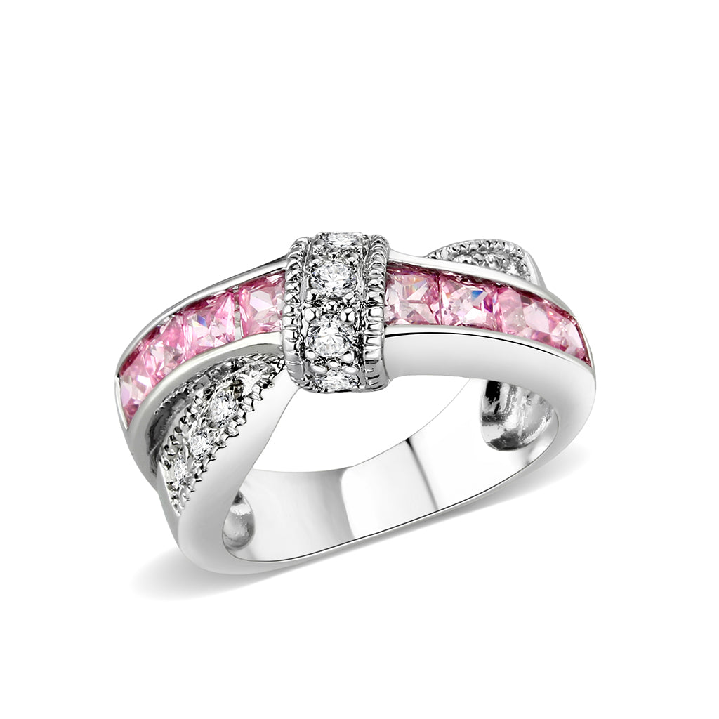 LO5W238-  Brass Ring With CZ in Pink Rhodium Plated