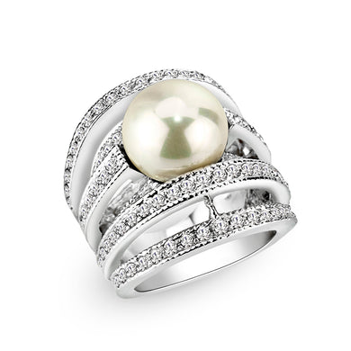 LO5W242-  Brass Ring With Pearl  in White  Rhodium Plated