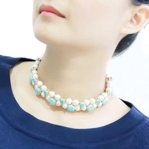 LO4661 - Gold Brass Necklace with Synthetic Glass Bead in White