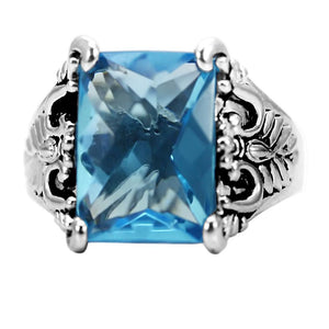 TK021 - High polished (no plating) Stainless Steel Ring with Synthetic Synthetic Glass in Sea Blue