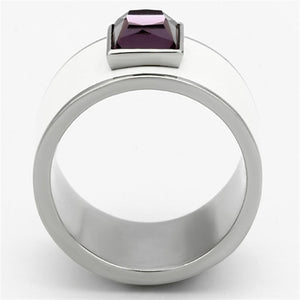 TK1142 - High polished (no plating) Stainless Steel Ring with Synthetic Synthetic Glass in Amethyst