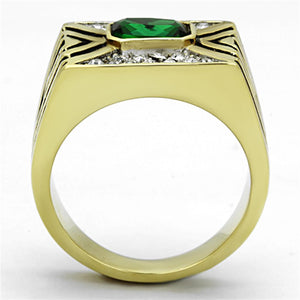 TK1195 - Two-Tone IP Gold (Ion Plating) Stainless Steel Ring with Synthetic Synthetic Glass in Emerald