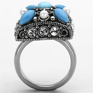 TK1309 - High polished (no plating) Stainless Steel Ring with Synthetic Turquoise in Sea Blue