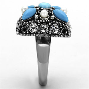 TK1309 - High polished (no plating) Stainless Steel Ring with Synthetic Turquoise in Sea Blue