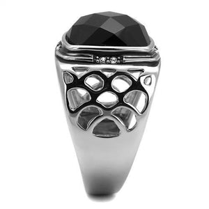 TK2514 - High polished (no plating) Stainless Steel Ring with Synthetic Onyx in Jet