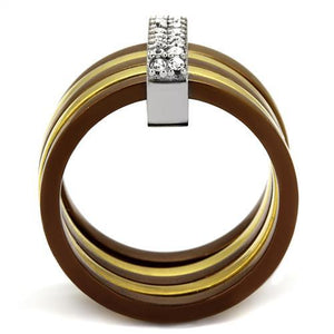 TK2601 - Three Tone (IP Gold & IP Light coffee & High Polished) Stainless Steel Ring with Top Grade Crystal  in Clear