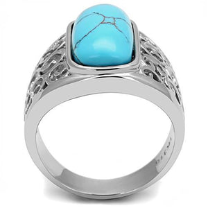 TK3043 - High polished (no plating) Stainless Steel Ring with Synthetic Turquoise in Sea Blue