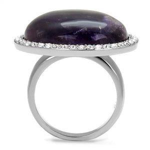 TK3083 - High polished (no plating) Stainless Steel Ring with Semi-Precious Amethyst Crystal in Amethyst