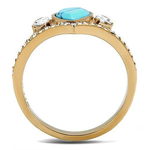 TK3200 - IP Rose Gold(Ion Plating) Stainless Steel Ring with Synthetic Turquoise in Sea Blue