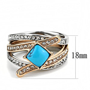 TK3519 - Two-Tone IP Rose Gold Stainless Steel Ring with Synthetic Turquoise in Sea Blue