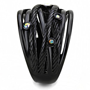 TK3566 - IP Black(Ion Plating) Stainless Steel Ring with Top Grade Crystal  in Aurora Borealis (Rainbow Effect)