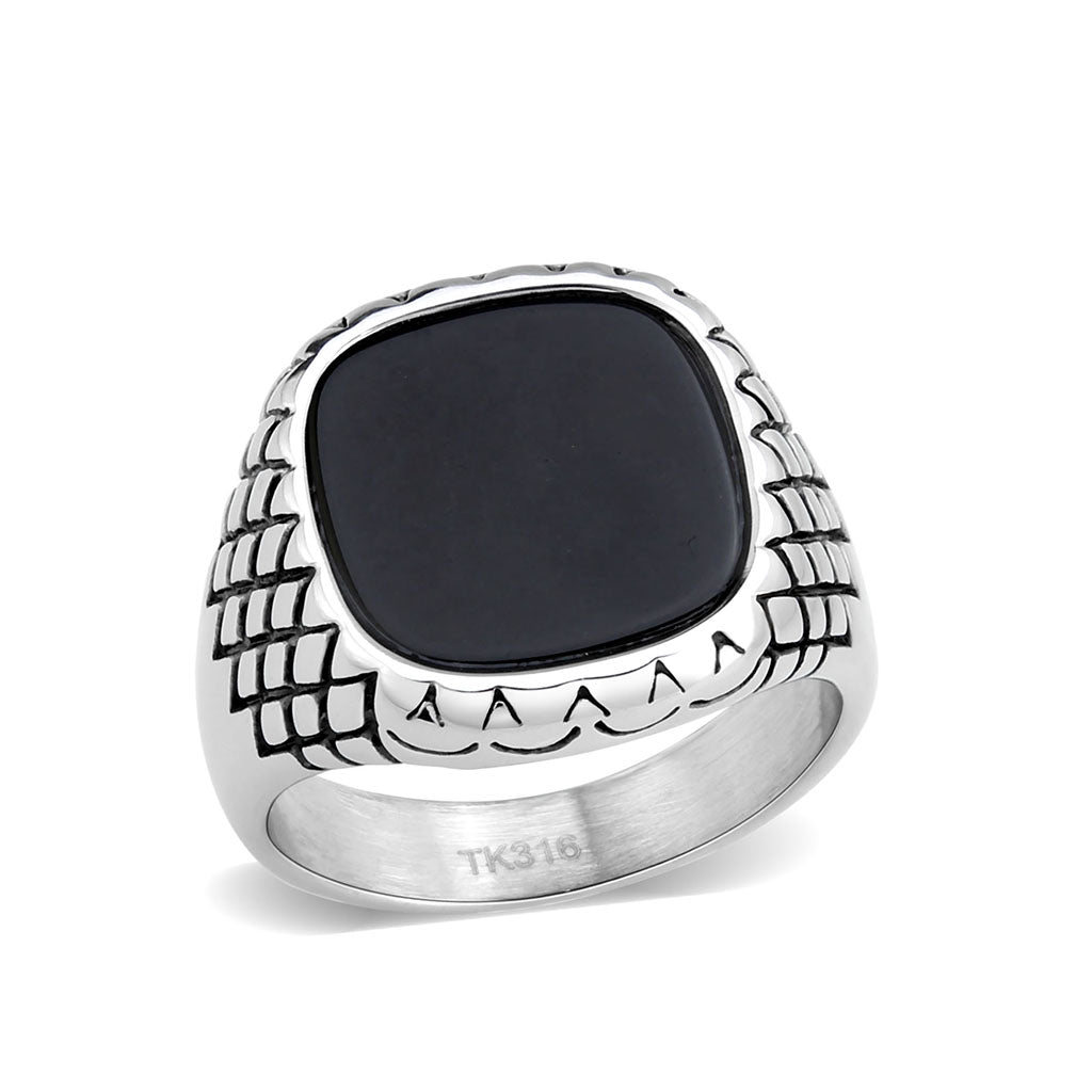 TK3893 - High polished (no plating) Stainless Steel Ring with Synthetic in Jet