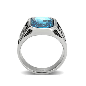 TK3908 - High polished (no plating) Stainless Steel Ring with Top Grade Crystal in SeaBlue