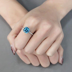 TS178 - Rhodium 925 Sterling Silver Ring with Cubic  in Sea Blue