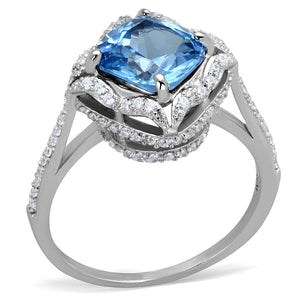 TS419 - Rhodium 925 Sterling Silver Ring with Synthetic Spinel in Sea Blue