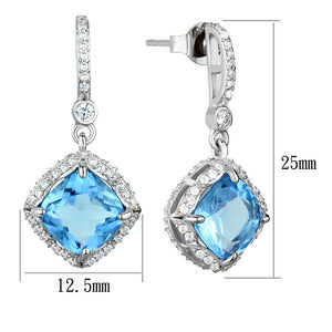 TS438 - Rhodium 925 Sterling Silver Earrings with Synthetic Synthetic Glass in Sea Blue