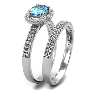 TS490 - Rhodium 925 Sterling Silver Ring with AAA Grade CZ  in Sea Blue