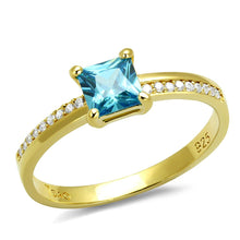 Load image into Gallery viewer, TS559 - Gold 925 Sterling Silver Ring with AAA Grade CZ  in Sea Blue