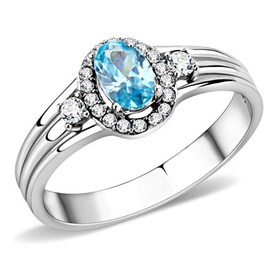 DA166 - High polished (no plating) Stainless Steel Ring with AAA Grade CZ  in Sea Blue