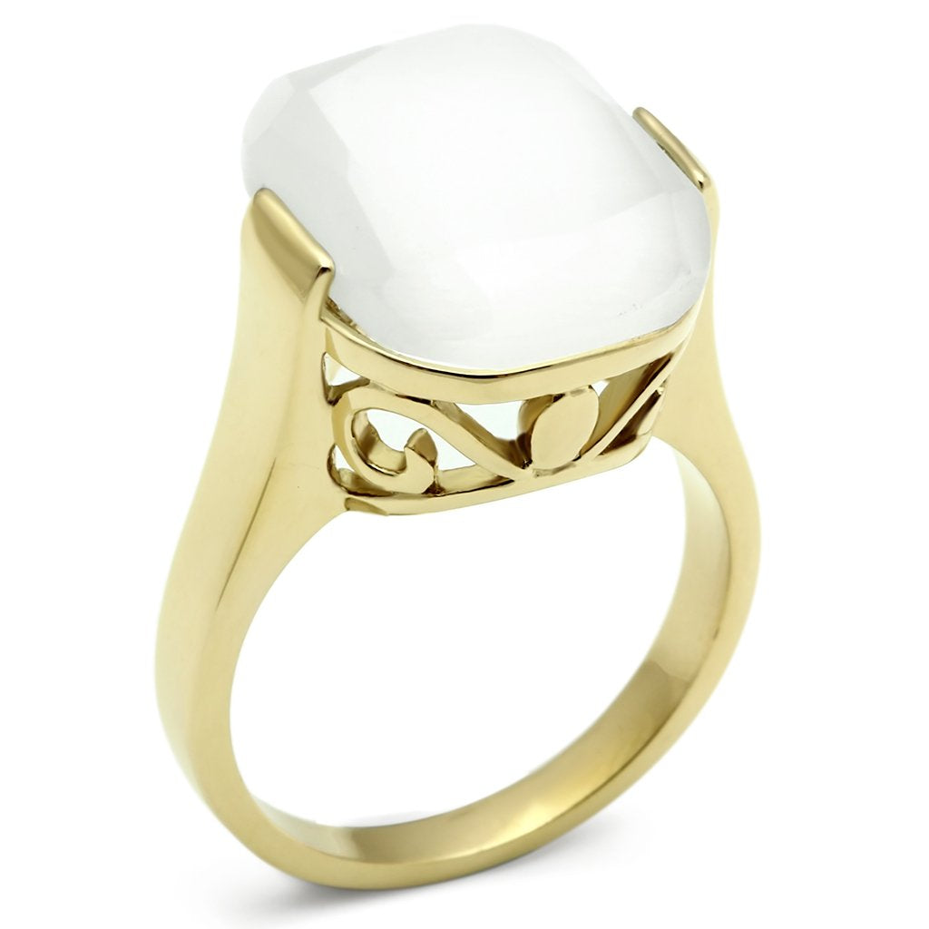 GL309 - IP Gold(Ion Plating) Brass Ring with Synthetic Cat Eye in White