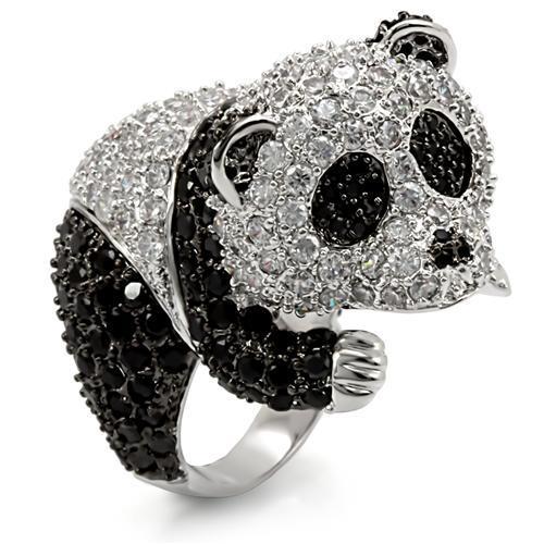 LO1546 - Rhodium + Ruthenium Brass Ring with AAA Grade CZ  in Black Diamond