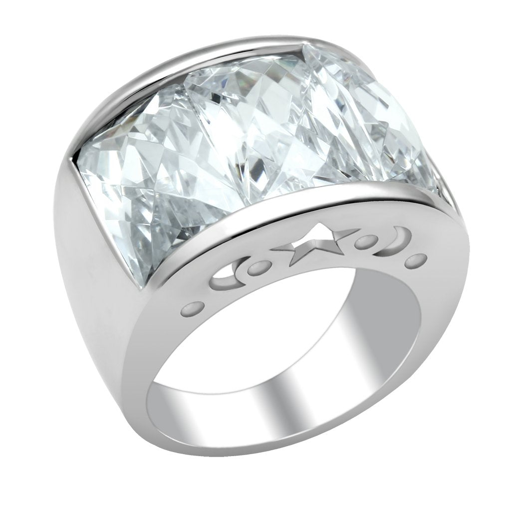 LO2092 - Rhodium Brass Ring with AAA Grade CZ  in Clear