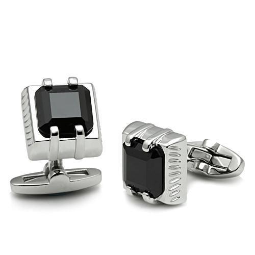 LO2305 - Rhodium Brass Cufflink with AAA Grade CZ  in Jet