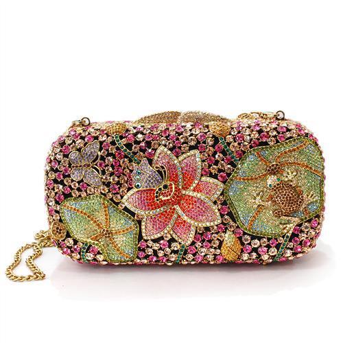 LO2375 - Ancientry Gold White Metal Clutch with Top Grade Crystal  in Multi Color