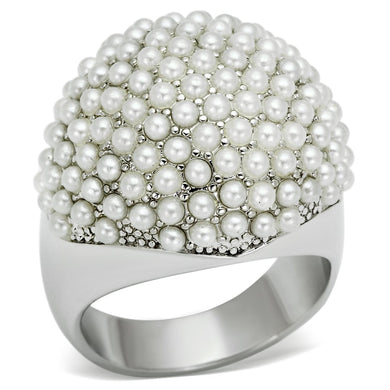 LO2433 - Rhodium Brass Ring with Synthetic Pearl in White