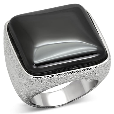 LO3045 - Rhodium Brass Ring with Semi-Precious Agate in Jet