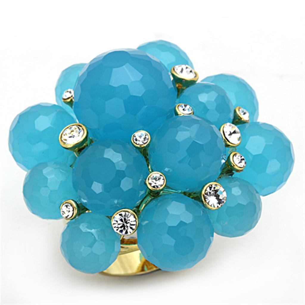 LO3212 - Gold Brass Ring with Synthetic Synthetic Glass in Sea Blue