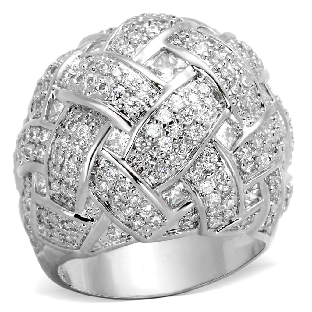 LO3352 - Rhodium Brass Ring with AAA Grade CZ  in Clear