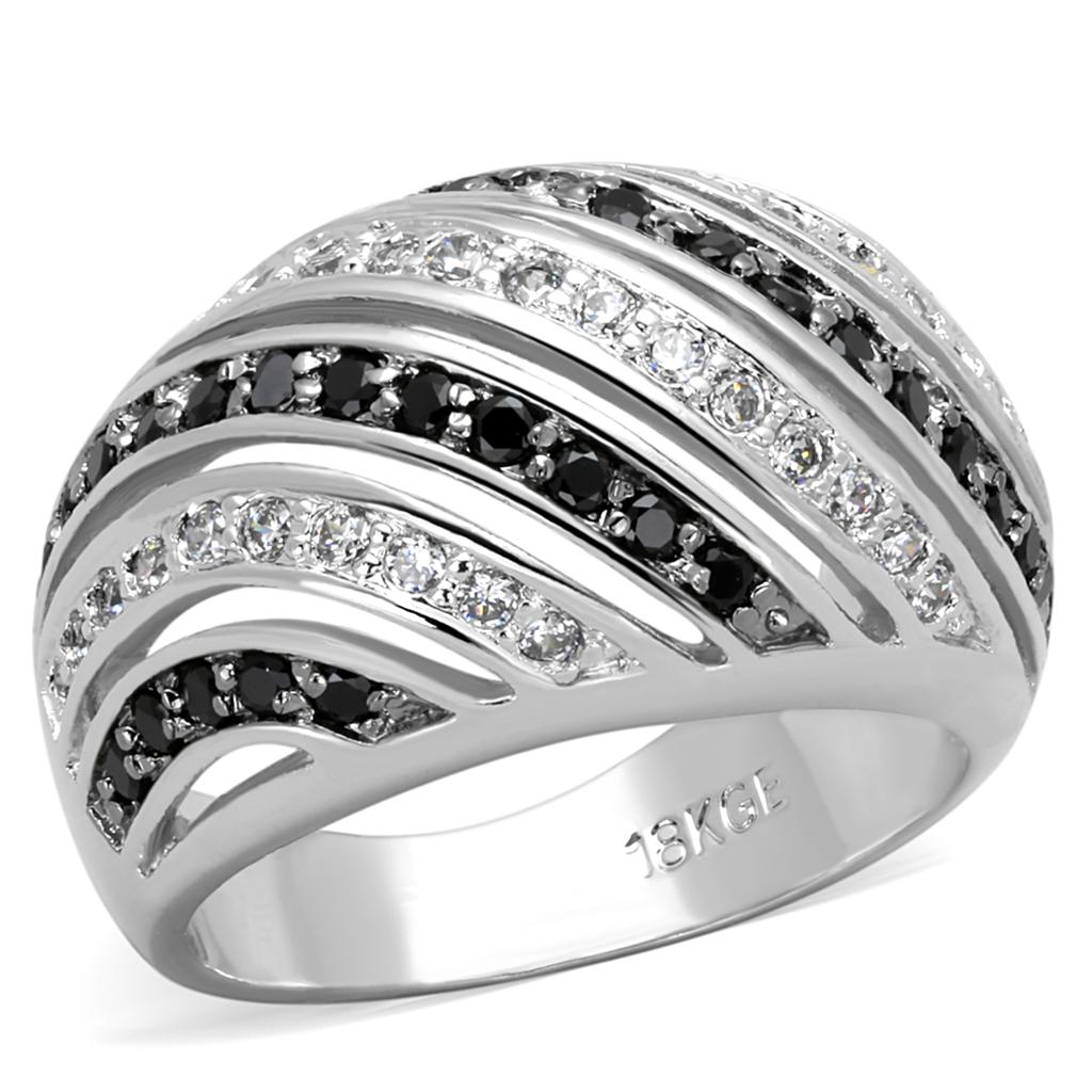 LO3399 - Rhodium + Ruthenium Brass Ring with AAA Grade CZ  in Black Diamond