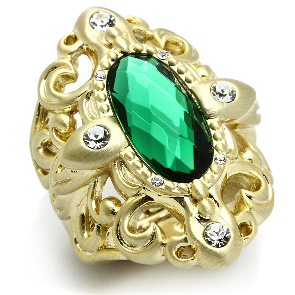 LO3665 - Gold & Brush Brass Ring with Synthetic Synthetic Glass in Emerald