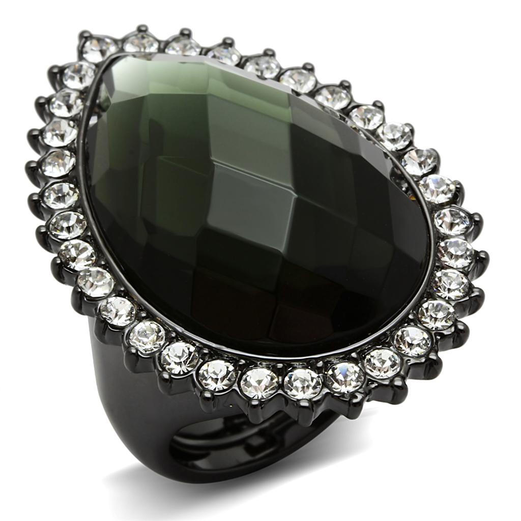 LO3688 - Ruthenium Brass Ring with Synthetic Synthetic Glass in Black Diamond