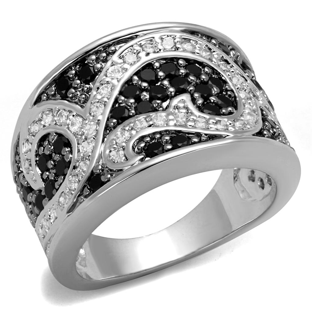 LO3739 - Rhodium + Ruthenium Brass Ring with AAA Grade CZ  in Black Diamond