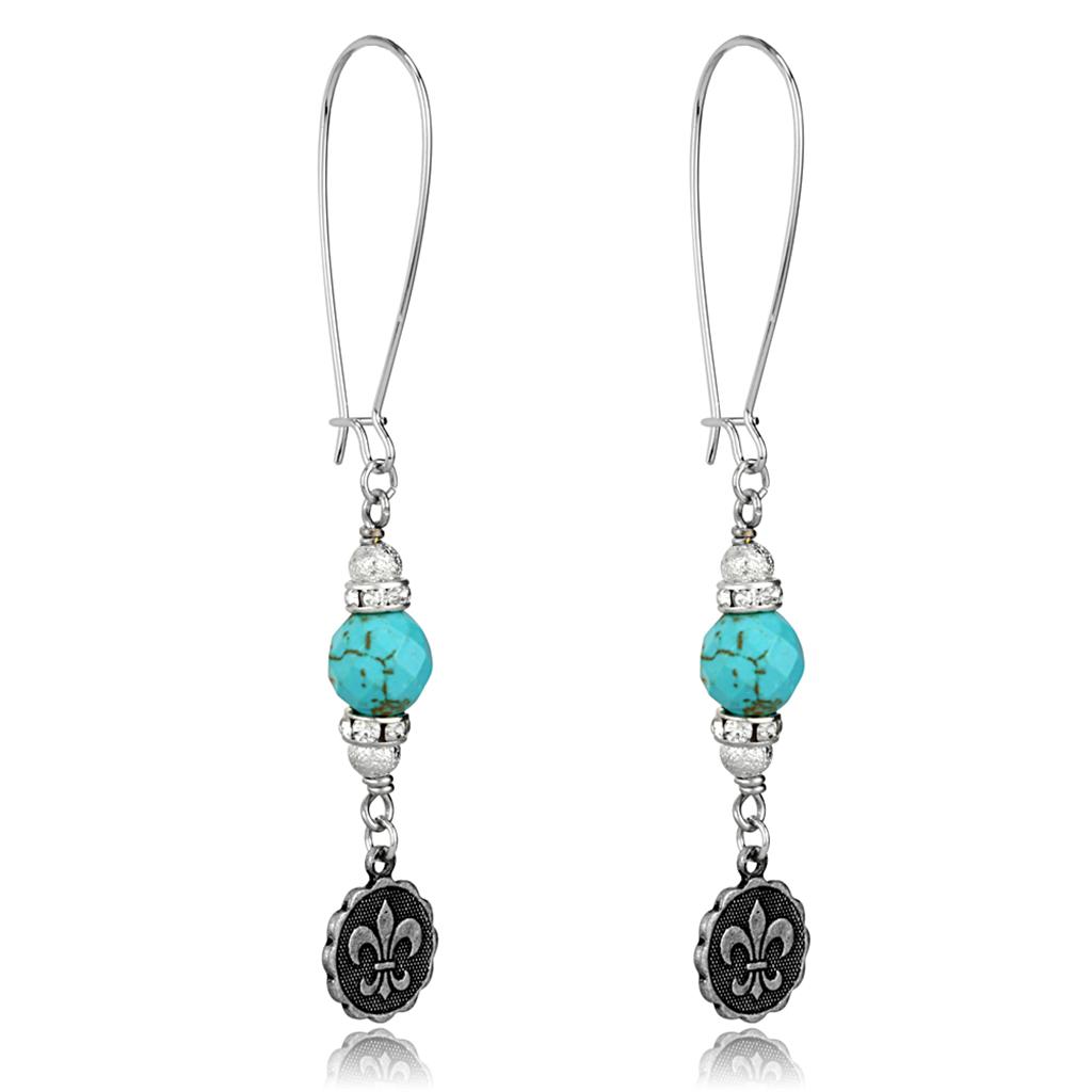 LO3807 - Antique Silver White Metal Earrings with Synthetic Turquoise in Turquoise