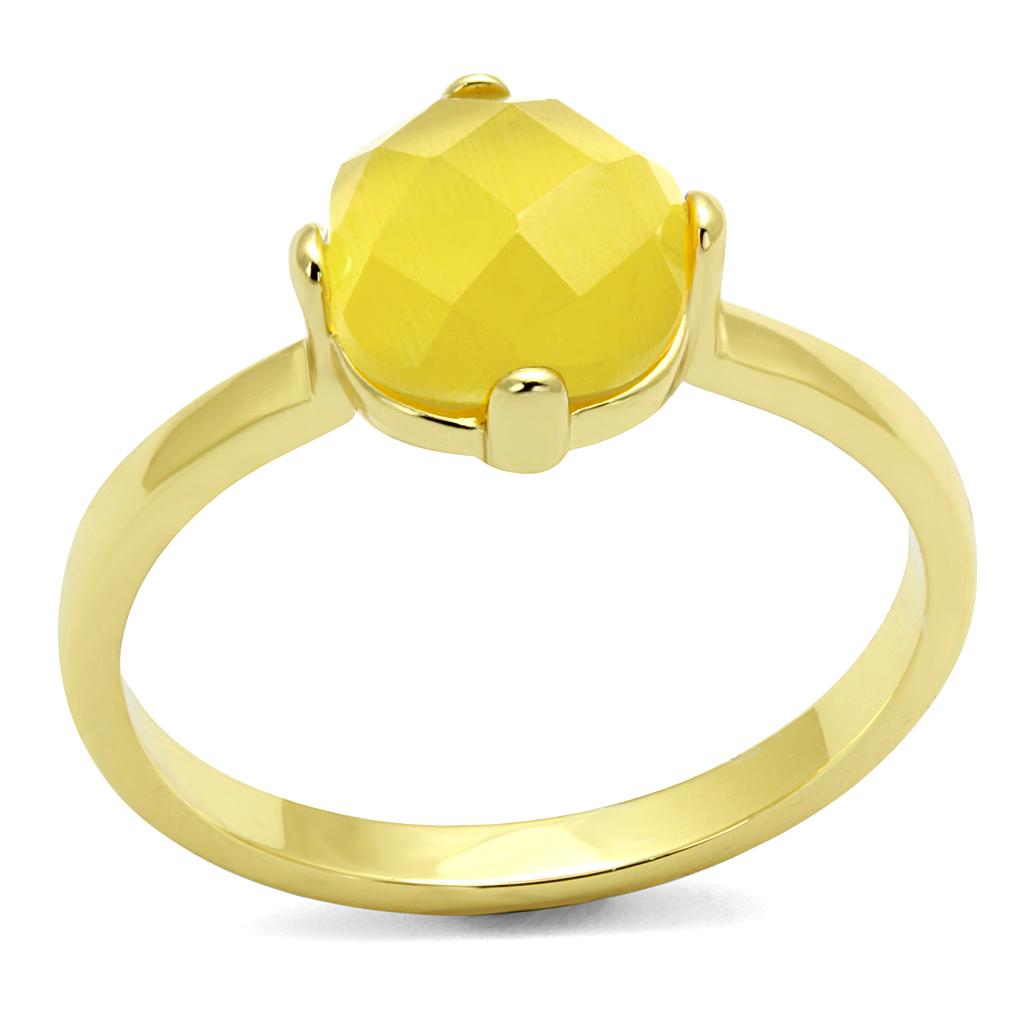 LO4074 - Flash Gold Brass Ring with Synthetic Cat Eye in Topaz