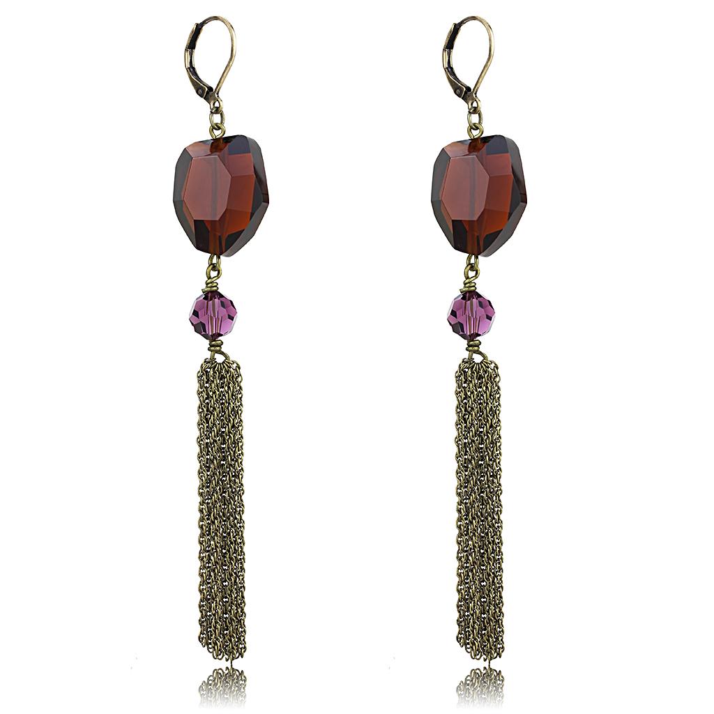 LO4202 - Antique Copper Brass Earrings with Synthetic Synthetic Glass in Garnet