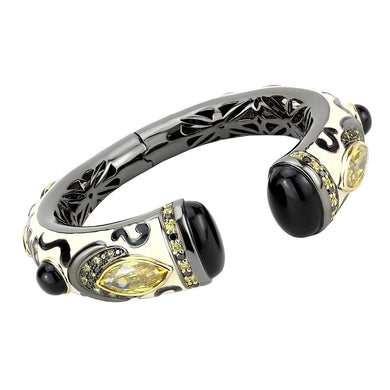 LO4298 - Gold+Hematite Brass Bangle with Synthetic Onyx in Jet