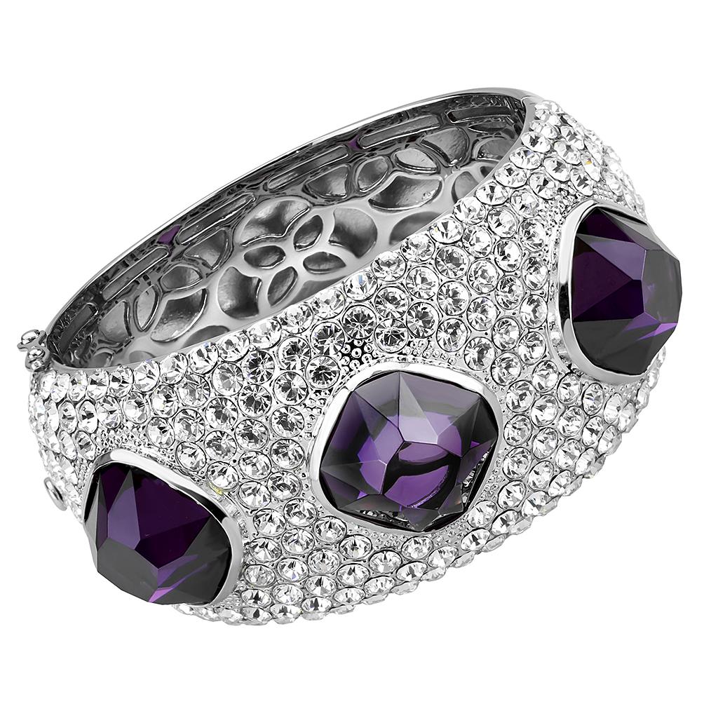 LO4330 - Rhodium Brass Bangle with AAA Grade CZ  in Amethyst