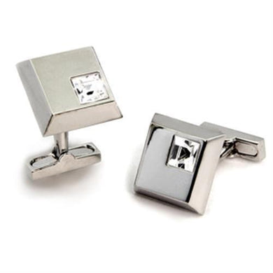 LO447 Rhodium Brass Cufflink with Top Grade Crystal in Clear