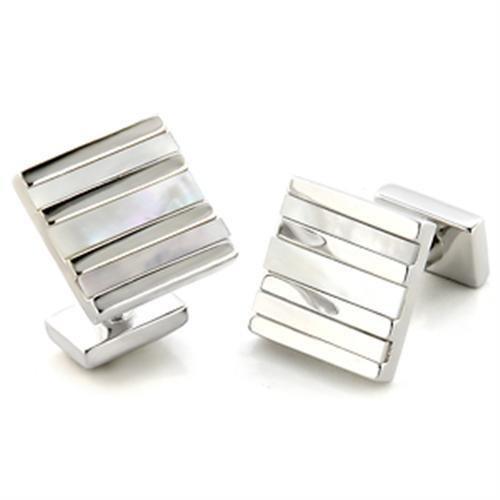 LO687 - Rhodium Brass Cufflink with Precious Stone Conch in White